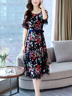Black and Colorful Slim Printed Band Midi Plus Size Dress for Casual Party Office