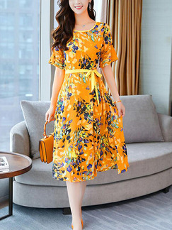 Yellow and Colorful Slim Printed Band Midi Plus Size Dress for Casual Party Office