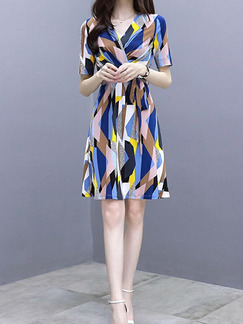 Colorful Slim Contrast Printed Above Knee V Neck Wrap Plus Size Dress for Casual Party