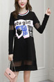 Black Slim Printed Cutout Above Knee Long Sleeve Shift Dress for Casual Party