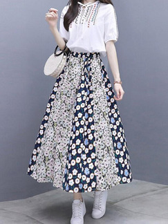White and Colorful Loose Printed Embroidery Two-Piece Floral Plus Size Dress for Casual Party
