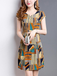 Colorful Slim Printed Above Knee Plus Size Dress for Casual Party