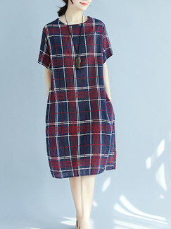 Wine Red and Navy Blue Loose Contrast Grid Midi Shift Dress for Casual