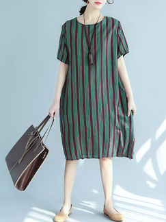 Wine Red and Army Green Loose Contrast Grid Midi Shift Dress for Casual
