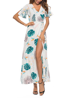 White Colorful Slim Printed Furcal Maxi V Neck Tropical Dress for Casual Beach