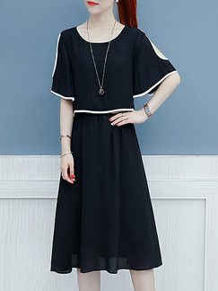 Black Loose Contrast Linking off-Shoulder Midi Fit & Flare Dress for Casual Party