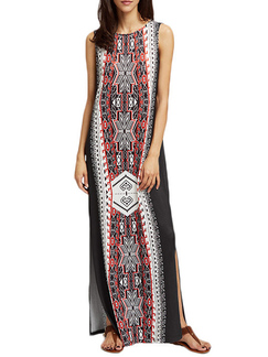 Black Red and White Loose Printed Furcal Maxi Dress for Casual