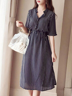 Black Loose Stripe High Waist Midi Dress for Casual Party Office