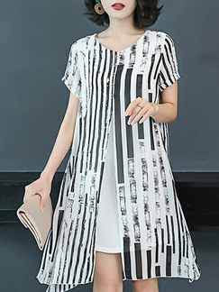 Black and White Loose Stripe Furcal Above Knee Shift Plus Size Dress for Casual Party