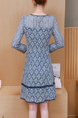 Blue Slim Plus Size Lace Contrast Linking Long Sleeve Above Knee Plus Size Fit & Flare Dress for Casual Party Office