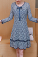 Blue Slim Plus Size Lace Contrast Linking Long Sleeve Above Knee Plus Size Fit & Flare Dress for Casual Party Office