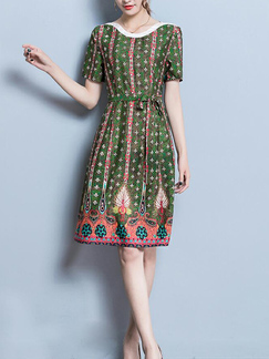 Green Colorful Slim Printed Band Above Knee Dress for Casual Party