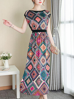 Colorful Slim Printed High Waist Maxi Plus Size Dress for Casual Party Evening