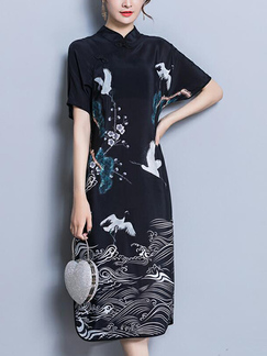 Black Slim Located Printing Chinese Buttons Midi Dress for Casual Party