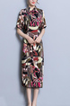 Colorful Slim Located Printing Chinese Buttons Midi Dress for Casual Party Evening