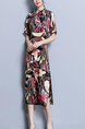 Colorful Slim Located Printing Chinese Buttons Midi Dress for Casual Party Evening