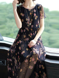Colorful  Loose Printed High Waist Midi Floral Dress for Casual Party