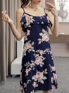 Navy Blue and Colorful Slim Ruffle Printed Above Knee Slip Shift Floral Dress for Casual Party