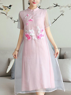 Pink Slim Embroidery Chinese Buttons Midi Plus Size Dress for Casual Party