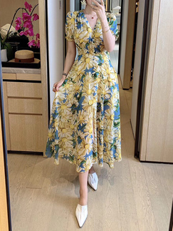 Yellow Blue Colorful Midi V Neck Fit & Flare Floral Dress for Casual Party Beach Evening