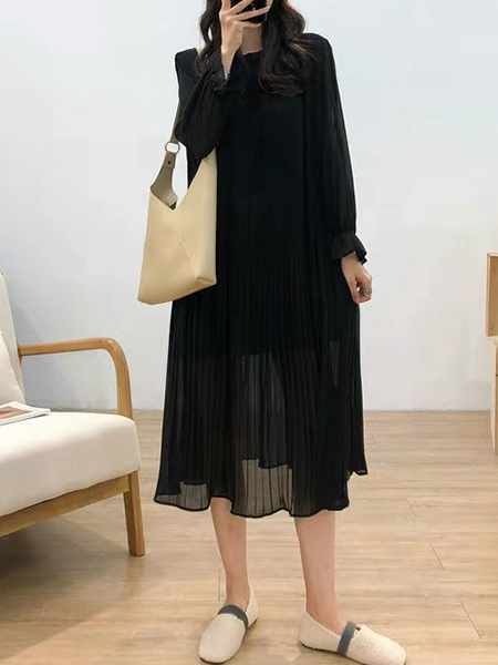 Black Midi Long Sleeve Dress for Casual Party Evening