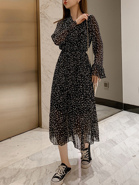 Black Midi Long Sleeve Dress for Casual Party