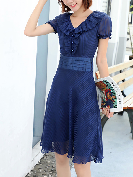 Blue Above Knee V Neck Fit & Flare Dress for Casual Party Office Evening