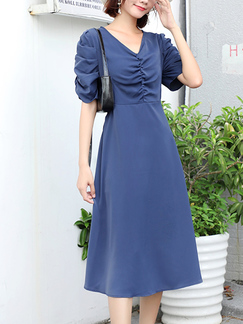 Blue Fit & Flare V Neck Midi Dress for Party Evening Cocktail