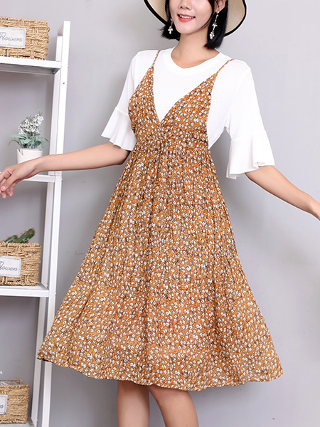 Brown and White Two Piece Fit & Flare Knee Length Dress for Casual Party Office