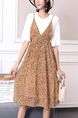 Brown and White Two Piece Fit & Flare Knee Length Dress for Casual Party Office