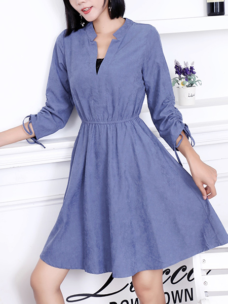 Blue Fit & Flare Above Knee Plus Size Dress for Casual Party Office