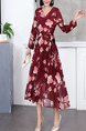 Red Fit & Flare Ribbon V Neck Long Sleeve Plus Size Floral Dress for Party Evening Cocktail