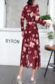 Red Fit & Flare Ribbon V Neck Long Sleeve Plus Size Floral Dress for Party Evening Cocktail