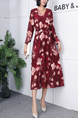 Red Fit & Flare Ribbon V Neck Long Sleeve Plus Size Floral Dress for Party Evening Cocktail