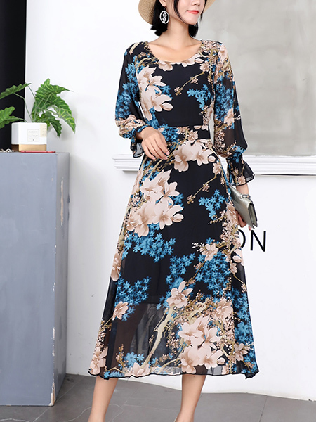 Blue Colorful Floral Long Sleeve Midi Plus Size Dress for Party Evening Cocktail