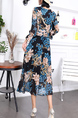 Blue Colorful Floral Long Sleeve Midi Plus Size Dress for Party Evening Cocktail