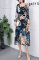 Blue Colorful Floral Long Sleeve Midi Plus Size Dress for Party Evening Cocktail