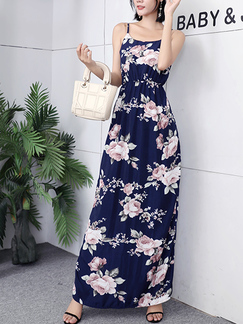 Blue Colorful Maxi Strap Floral Dress for Party Casual Beach