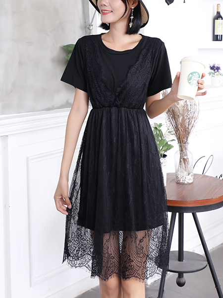 Black Fit & Flare Lace Knee Length Plus Size Dress for Casual Party Office Evening