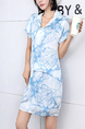 Blue and White Sheath Above Knee Plus Size Collared Dress for Casual Party Office