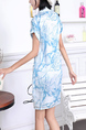 Blue and White Sheath Above Knee Plus Size Collared Dress for Casual Party Office