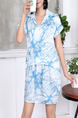 Blue and White Sheath Above Knee Plus Size Collared Dress for Casual Party Office