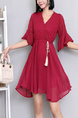 Red V Neck Wrap Fit & Flare Lace Dress for Casual Party Office Evening