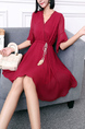 Red V Neck Wrap Fit & Flare Lace Dress for Casual Party Office Evening