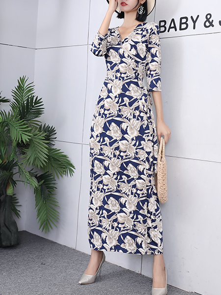 Blue and White Maxi Sheath V Neck Floral Plus Size Dress for Party Evening Cocktail
