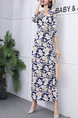 Blue and White Maxi Sheath V Neck Floral Plus Size Dress for Party Evening Cocktail