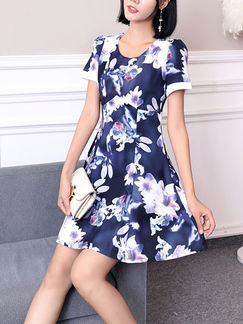 Blue Colorful Fit & Flare Floral Above Knee Dress for Casual Party Office