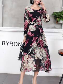 Black Pink Colorful Floral Maxi Long Sleeve Plus Size Dress for Casual Party Office Evening