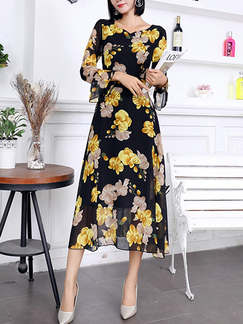 Black and Yellow Floral Midi Long Sleeve Dress for Party Evening Cocktail