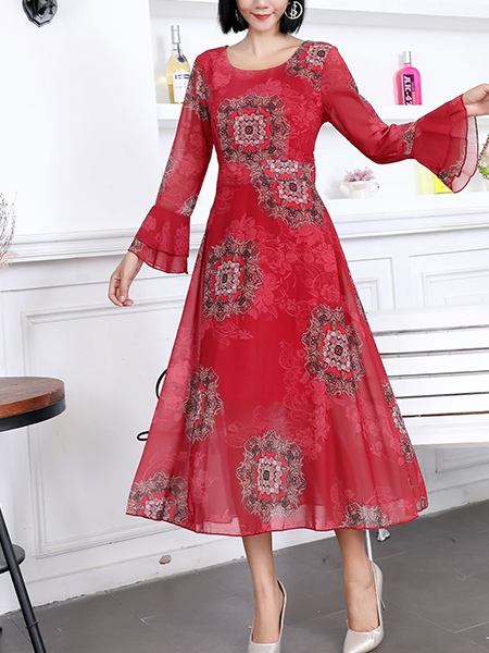 Red Fit & Flare Midi Plus Size Long Sleeve Dress for Party Evening ...